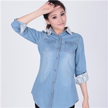 厂家直销新款长袖蕾丝边宽松牛仔衬衫长款衬衫夏季长袖蕾丝衫