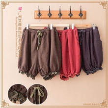 秋冬日系森林系宽松松紧蕾丝花边靴裤棉麻灯笼裤子大码短裤女批发