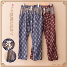 日系小清新森女系波点口袋翻边休闲直筒长裤哈伦裤森林系棉麻女装