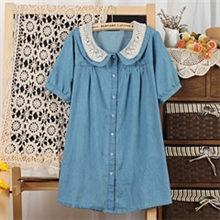 newsunny原单爆款热卖森系女装花边娃娃领短袖衬衫牛仔上衣