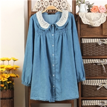NEWSUNNY原单森系钩花翻领娃娃领牛仔宽松女式衬衫