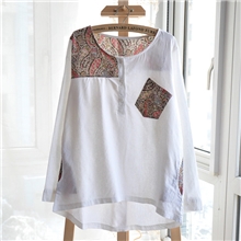 2013秋装新日系棉麻圆领长袖拼接不规则套头衬衫民族风上衣文艺范