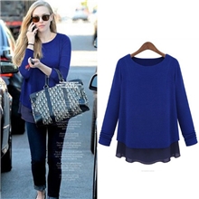 2013秋装新款欧美女装加厚雪纺衫长袖圆领拼接打底针织衫批发