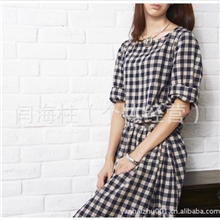 厂家直销2013春夏新款文艺范森林系棉麻格子宽松大摆连衣裙批发