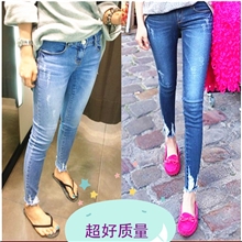 韩国正品代购夏季新款修身名媛裤口毛边破洞牛仔裤九分潮女小脚裤