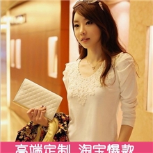 8041秋冬新款韩版女装钉珠蕾丝V领修身长袖t恤加绒打底衫批发