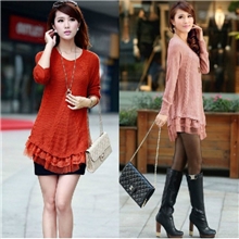秋冬新款韩版女式中长款针织衫蕾丝花边拼接大码毛衣针织衫
