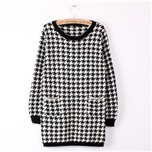 2013精品明星款欧美风珍珠口袋千鸟格毛衣宽松小香风针织连衣裙