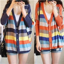 女款秋装新品韩版宽松大码蝙蝠袖彩条针织衫开衫毛衣女罩衫