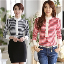 韩版蕾丝条纹长袖T恤女士上衣2013秋装新款大码女装7961