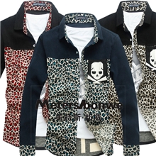 美特斯邦威2013秋冬新款男装批发豹纹灯芯绒拼接修身长袖衬衫