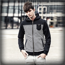 新款韩版男士修身连帽卫衣男时尚青年开衫条纹休闲卫衣外套