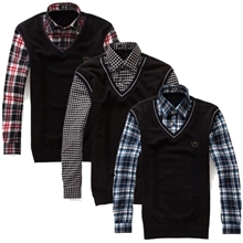 【男装精品】男士假两件保暖衬衣男式假2件套衬衫上衣进口暖绒