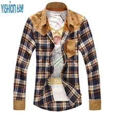 一件代发爆款以纯春装纯棉韩版修身格子拼色长袖衬衫男013