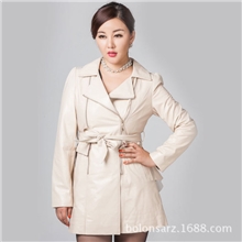 2013秋冬新款海宁女中长款修身单皮真皮风衣