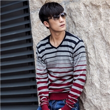皇英格2013新款条纹男装毛衣日韩潮男v领修身型毛衣