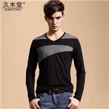 秋装男t桖新款男士长袖V领打底衫潮男装T恤衫批发时尚拼接体恤