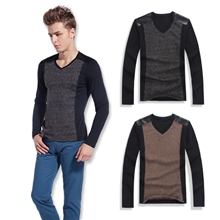 新款男装韩版男式t恤拼接长袖t恤男士V领打底衫厂家批发代发