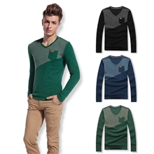 2013秋冬新品异色口袋拼接拼色V领长袖T恤卡特男装直销