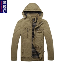 男装100%纯棉水洗夹克中年男士连帽夹克加厚大码男装纯棉夹克