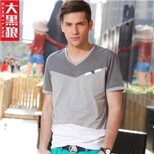 大黑狼新款休闲t恤韩版男式t恤潮流男装短袖t恤男男V领休闲t恤