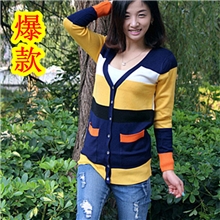 新款针织衫开衫大码条纹长袖韩版撞色女式针织衫批发长款