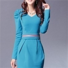 厂家直销2013春季爆款长袖v领泡泡袖韩版修身时尚气质针织连衣裙