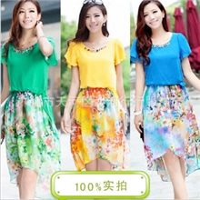 2013夏季新款修身时尚印花不规则下摆沙滩裙短袖雪纺连衣裙