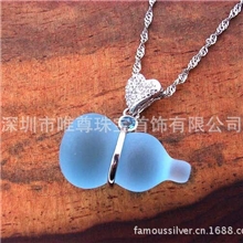 深圳老牌银饰厂家自产自销纯银首饰，新款925银磨砂蓝水晶葫芦坠
