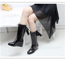 韩日贸原单雨靴时尚女款雨鞋中筒坡跟飘带蝴蝶结水鞋晴雨百搭套鞋