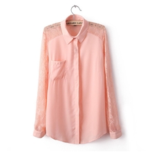 春夏新款女装欧美纯色蕾丝翻领打底衫女式衬衫女式雪纺衫蕾丝衫