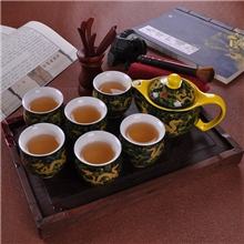 供应陶瓷茶具双层防烫茶具套装刁金黄海浪图案秋冬创意礼品