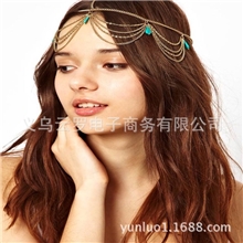 外贸混搭新时尚欧洲格雷斯镀金流苏蓝色树脂颗粒发带