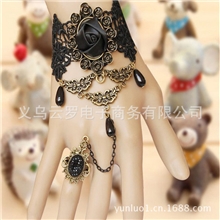 欧美复古饰品黑色蕾丝手链带戒指套装流行时尚戒指手链批发