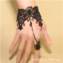 欧美哥特风黑色蕾丝花边镶钻女式手链戒指套装摄影饰品批发