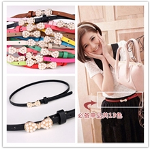 爆款甜美珍珠蝴蝶结细腰带女式韩版时尚装饰百搭细皮带YX095WP