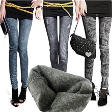 加绒加厚打底裤批发秋冬新款韩国女装义乌女士时尚九分@仿牛仔