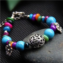 1349#藏银花松石镂空手链女蓝色民间纯手工复古手饰