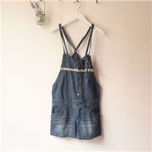 日本原单背带裤甜美森女系显瘦牛仔背带短裤女裤蕾丝短裤166