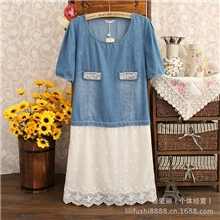 日本原单smith's牛仔连衣裙蕾丝拼接口袋钉珠相衬连衣裙批发152