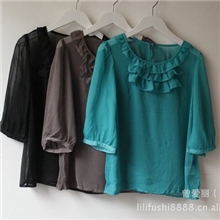出口日本RA*外贸原单雪纺衬衫女透视衫宽松七分袖958
