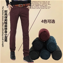 秋冬新款棉麻韩版休闲长裤男装棉弹韩版休闲弹力小直筒长裤男裤
