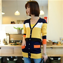 品质韩版2013秋装新款女装条纹拼色女士针织衫开衫毛衣外套批发