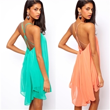 haoduoyi后背细吊带金属扣交叉镂空无袖纯色雪纺连衣裙3色包邮