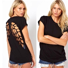 haoduoyi后背激光雕刻镂空天使翅膀黑色圆领短袖女T恤6码全包邮