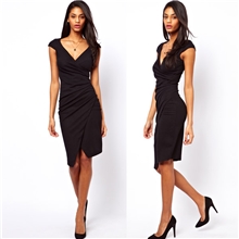 haoduoyi腰部褶皱不对称设计深V铅笔裙黑色短袖高弹修身OL连衣裙