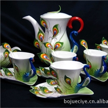 珐琅瓷法兰瓷21头咖啡具绿孔雀陶瓷套装珐琅瓷批发创意陶瓷礼品
