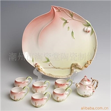 【厂家】法兰瓷茶具8头金猴献寿桃景泰蓝