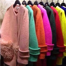 秋冬新款欧洲站新款圆领蝙蝠七分袖羊羔毛口袋保暖呢大衣糖果色
