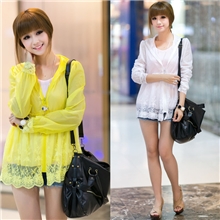 2013夏新韩版连帽防晒衣长袖透明蕾丝薄外套女糖果色防晒服批发